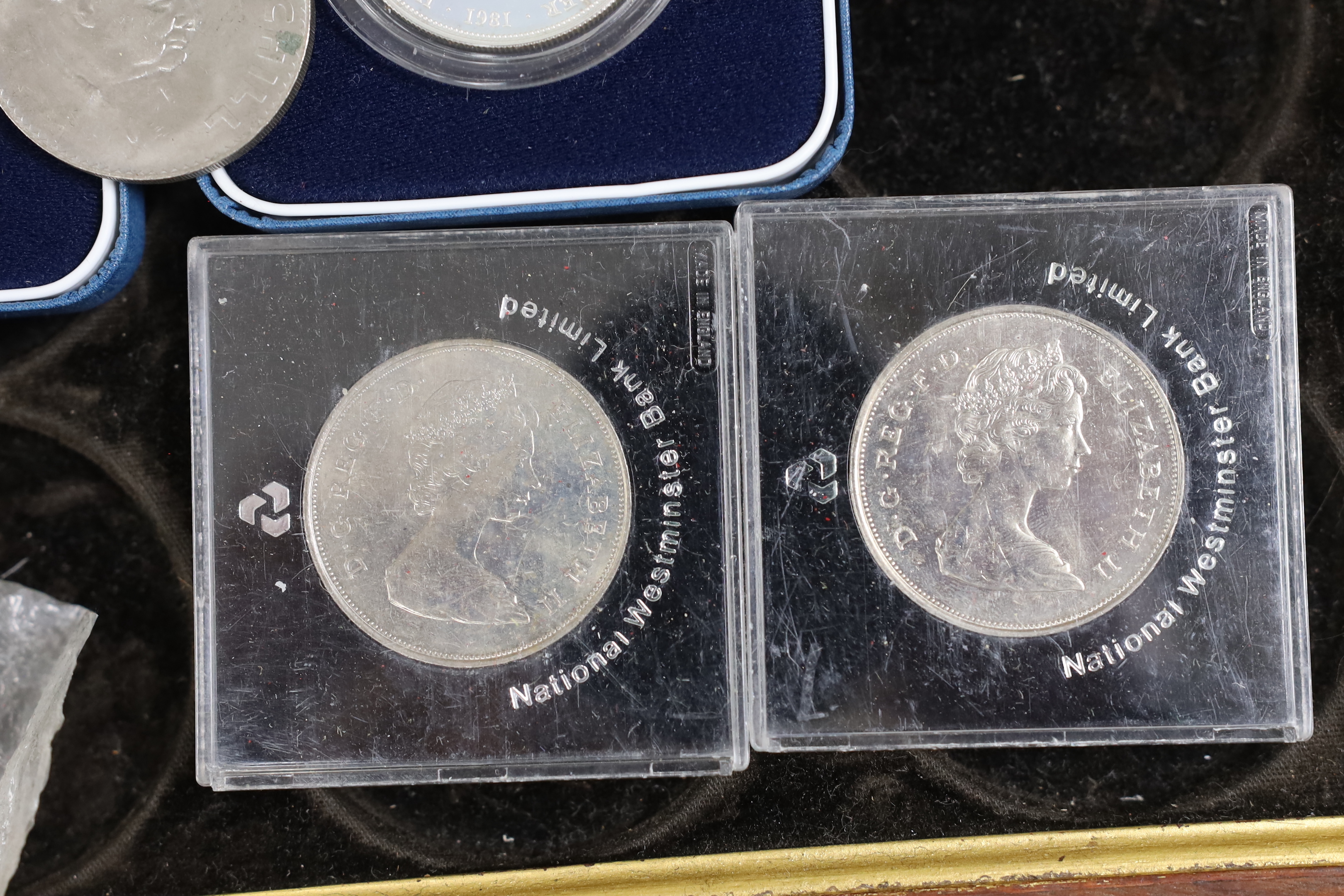 British coins, Royal Mint, QEII, two cased silver proof coins commemorating the marriage HRH Prince of Wales and Lady Diana Spencer 1981 and six other commemorative crowns
